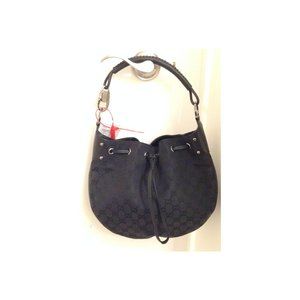 Auth New Never Used Gucci black GG LOGO canvas silver HW shoulder bucket bag